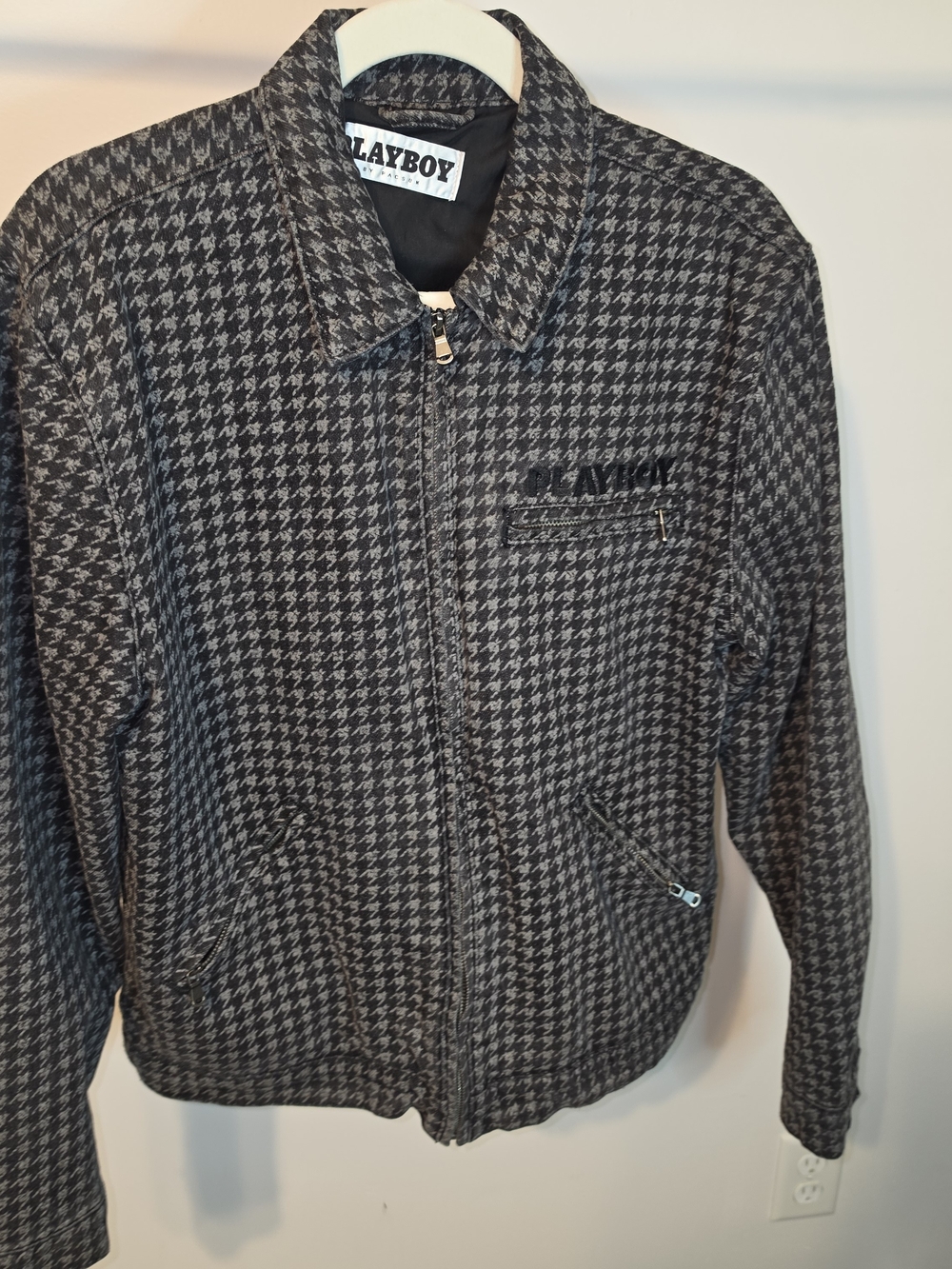 PLAYBOY Denim Houndstooth Trucker Jacket in Gray and Black.